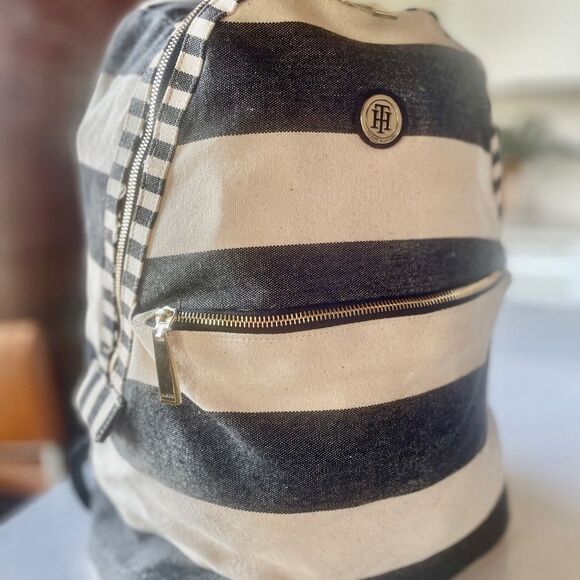 Tommy Hilfiger Canvas Backpack Laptop Bag Travel Wide Stripe TH Gold Hardware - Picture 1 of 5